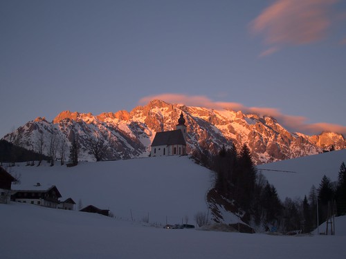 sunset mountain snow church evening hochkönig dienten