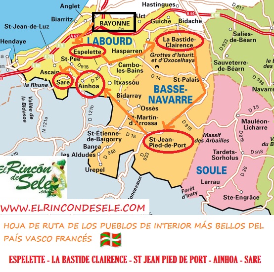 Mapa del País Vasco francés con la ruta por pueblos que hicimos en coche