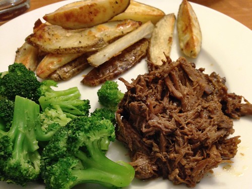 crockpot bbq beef, oven fries, steamed broccoli