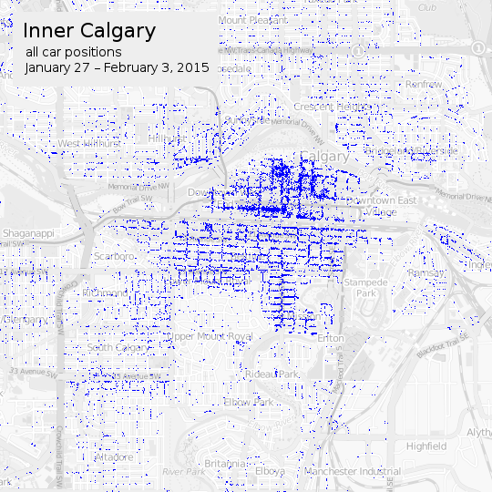 Map of car2go vehicle positions in inner Calgary