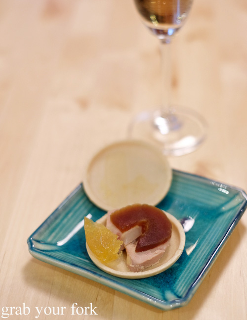 Monaka wafers with foie gras, nanazuke pickles and pineapple jam at the Stomachs Eleven Christmas dinner 2014