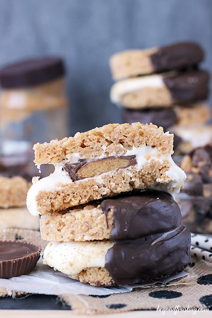 Reese’s Stuffed Rice Krispie Treat S’mores. All your typical S'mores components (graham crackers, chocolate and marshmallow) with Rice Krispie Treats!