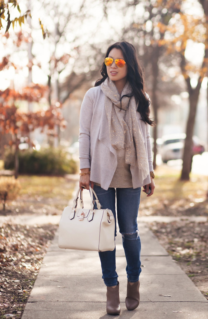 cute & little blog | petite fashion | maternity bumpstyle third trimester 33 weeks | gray waterfall cardi, gold foil top, speckled metallic gray scarf, maternity distressed jeans, taupe ankle booties, gold mirrored aviators | fall layering outfit