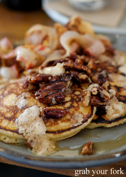 Buttermilk pancake with maple pecan butter and crispy pancetta at Blackboard Coffee, Varsity Lakes, Gold Coast
