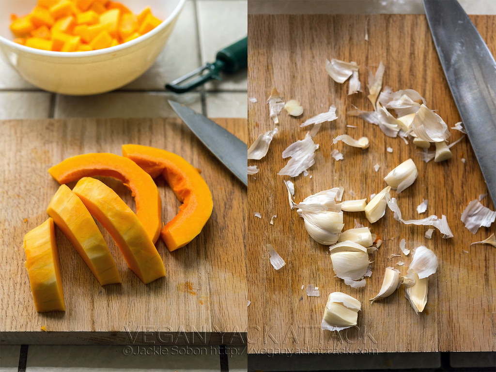 photo collage of sliced squash and chopped garlic