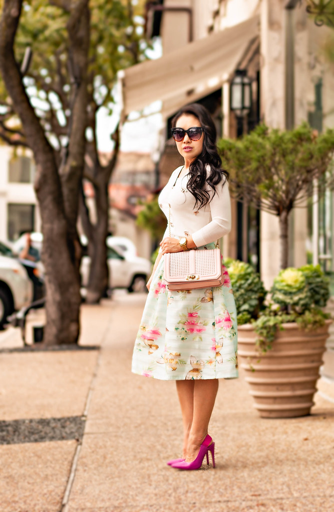 cute & little blog | petite fashion | embellished jeweled sweater, mint butterfly spring floral skirt, minkoff blush pink quartz love crossbody, shoedazzle pink darlene pumps | spring outfit
