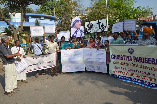 Protest Demonstration against RSS leader Mohan Bhagwat’s comments on Mother Teresa held on Tuesday, 3 march 2015 at Esplanade, Kolkata, Organised by State Forum of Minorities Organisation.
