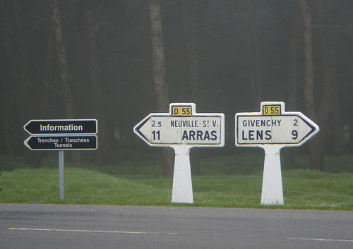 Road signs between Arras and Lens at Vimy Ridge, France