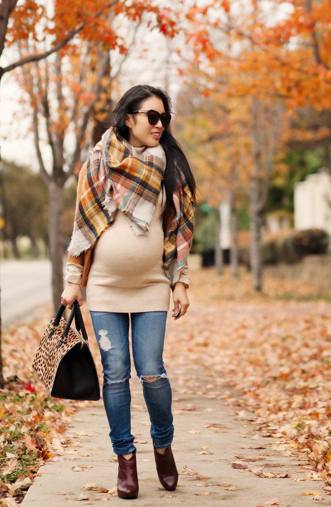 cute & little blog | petite fashion | maternity baby bump pregnant | shades of fall outfit | zara plaid checked blanket scarf, mustard cardigan, distressed jeans, burgundy ankle booties, clare v sandrine leopard bag | third trimester 31 weeks