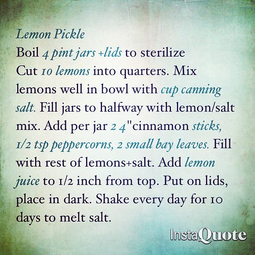 As requested: 10 lemons, lemon juice, 2 tsp black peppercorns, cup canning salt, bay leaves (2 per jar), 4-inch cinnamon sticks (2 per pint).