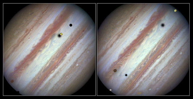 Three moons and their shadows parade across Jupiter — comparison of beginning and end of sequence, without annotations