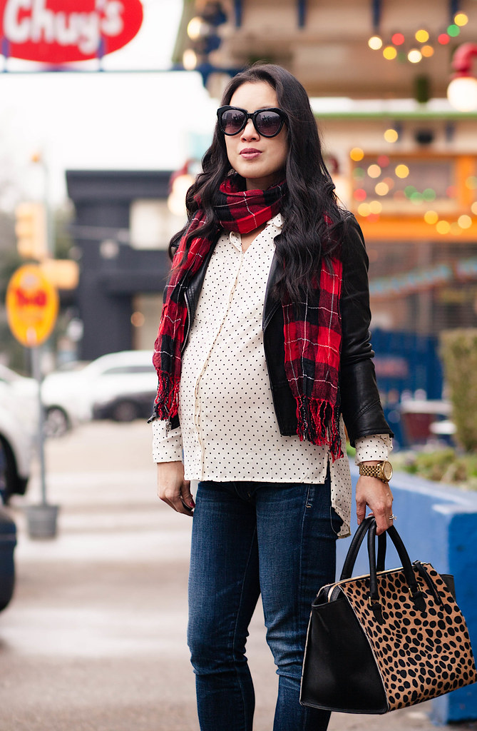https://cuteandlittle.com | petite fashion blog | black moto jacket, polka dot shirt, red plaid scarf, citizens maternity jeans, black ankle booties, clare v sandrine leopard satchel | maternity | fall winter outfit