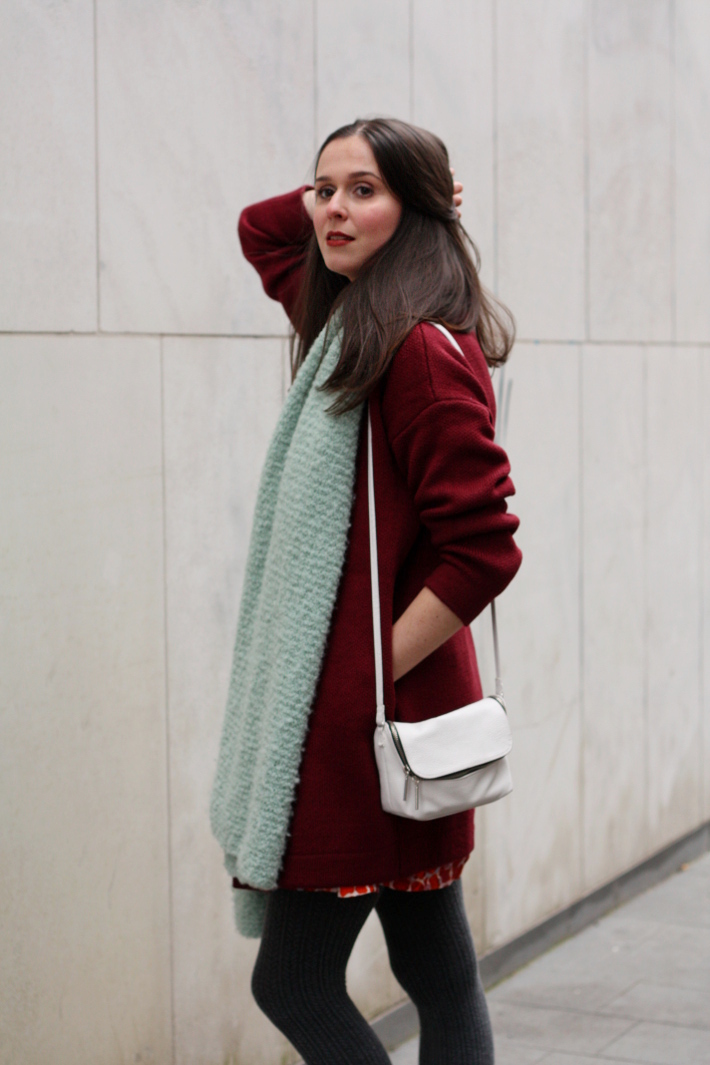 oversized scarf burgundy coat outfit