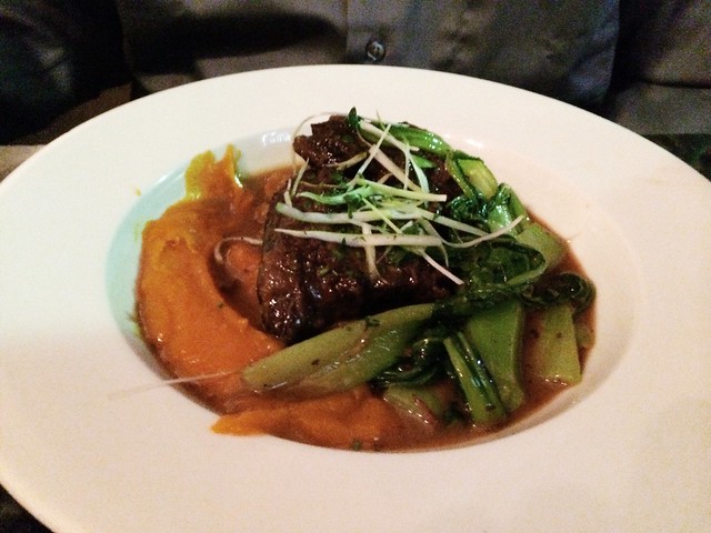 beer braised Pineland Farms beef cheek with sweet potato purÃ©e and caramelized onions