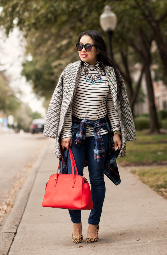 cute & little blog | petite fashion | striped turtleneck, waist tied plaid shirt, leopard pumps, red bag, statement necklace outfit