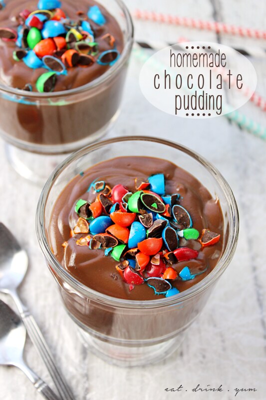 Homemade Chocolate Pudding in glasses with chopped M&M's.