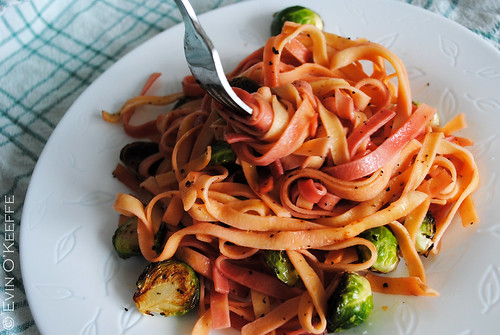 Beetroot-dyed pasta with grilled Brussels sprouts