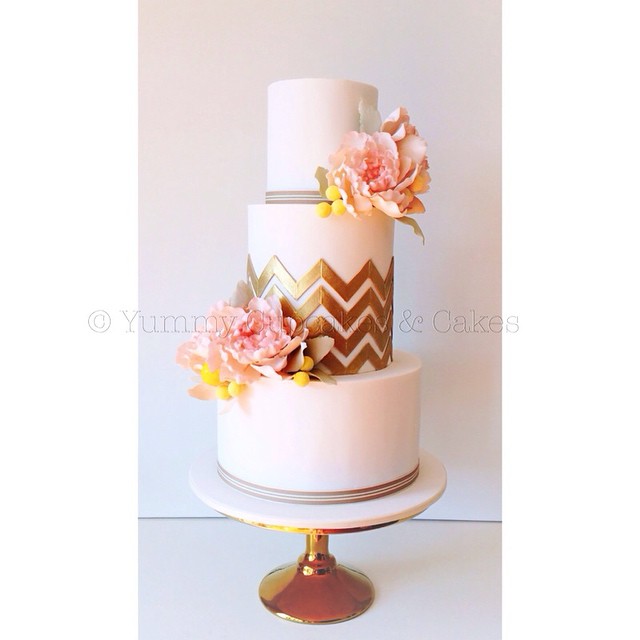 Gold and Chevron Theme Wedding Cake by Yummy Cupcakes and Cakes