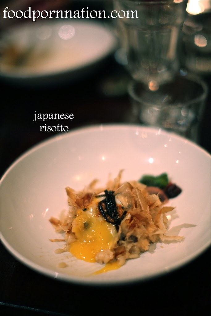 Shiitake Zosui - Japanese Risotto of Shiitake Mushrooms, Miso-Mascarpone, Dashi, Bonito Fish Flakes, Sous-Vide Egg, Shichimi Butter, Kombu no Tsukudani 2