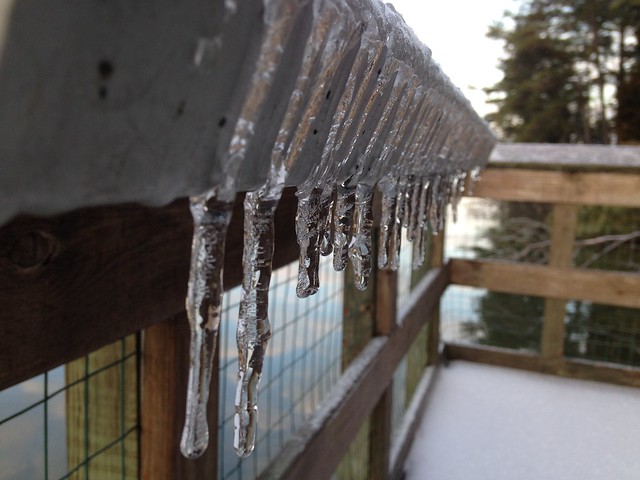 Icicles form along the boardwalk rails making interesting prisms in my camera lens.