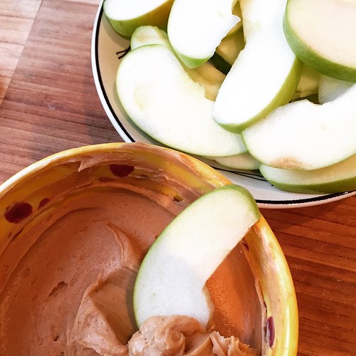 And now, our favoritest snack ever: apples and peanut butter dip! (2 parts plain greek yogurt, 2 parts peanut butter, 1 part honey)