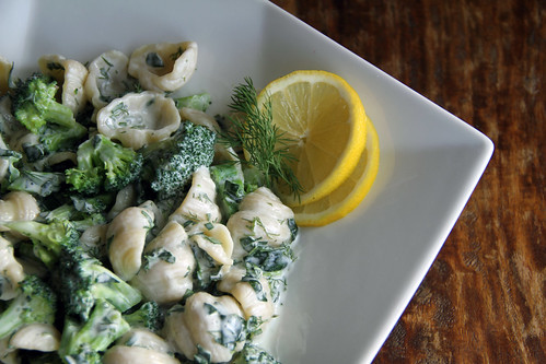 broccoli and pasta salad with herb yogurt dressing