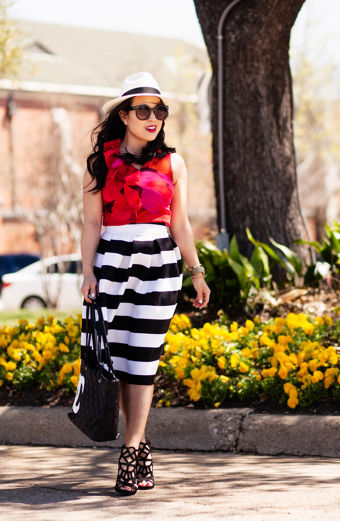 cute & little blog | petite fashion | red floral blouse, black white striped midi skirt, caged sandals, panama hat, chanel quilted tote | spring outfit