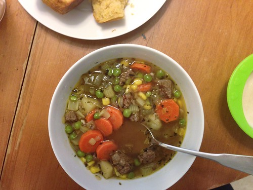 beef vegetable soup, corn muffins