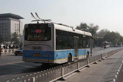 Trolleybus running on battery power through the Wangfujing district of central Beijing