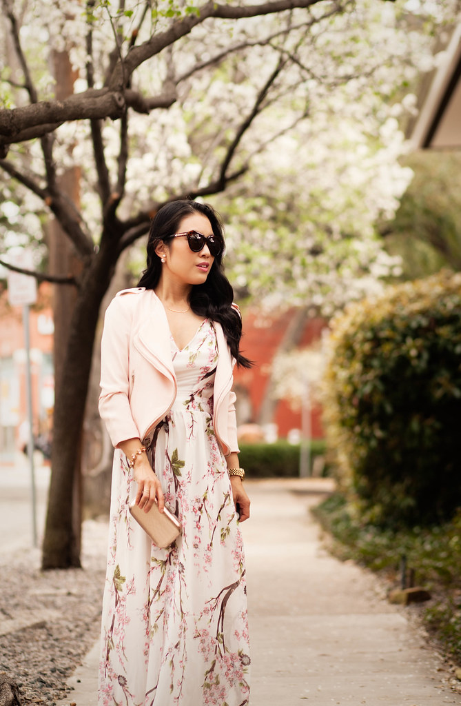 cute & little blog | petite fashion | forever pink blush tiered zipper crop jacket, sheinside floral spaghetti strap backless maxi, rocksbox gorjana taner necklace, gold clutch | spring outfit