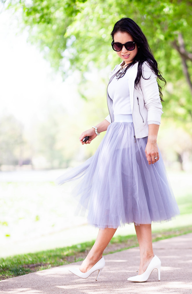 cute & little blog | petite fashion | grey tulle midi skirt, white pumps, white moto jacket | spring outfit | bridal shower | easter
