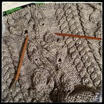 Sixteen rows until the bind-off of the front of this sweater. Then it's the arms, and seaming. On the needles since 2010? 2011? I might even finish this year! (PS. This is my worsted yarn, Tepper, in the Weathered Wood colorway.)  #HCtepper #knittersofins