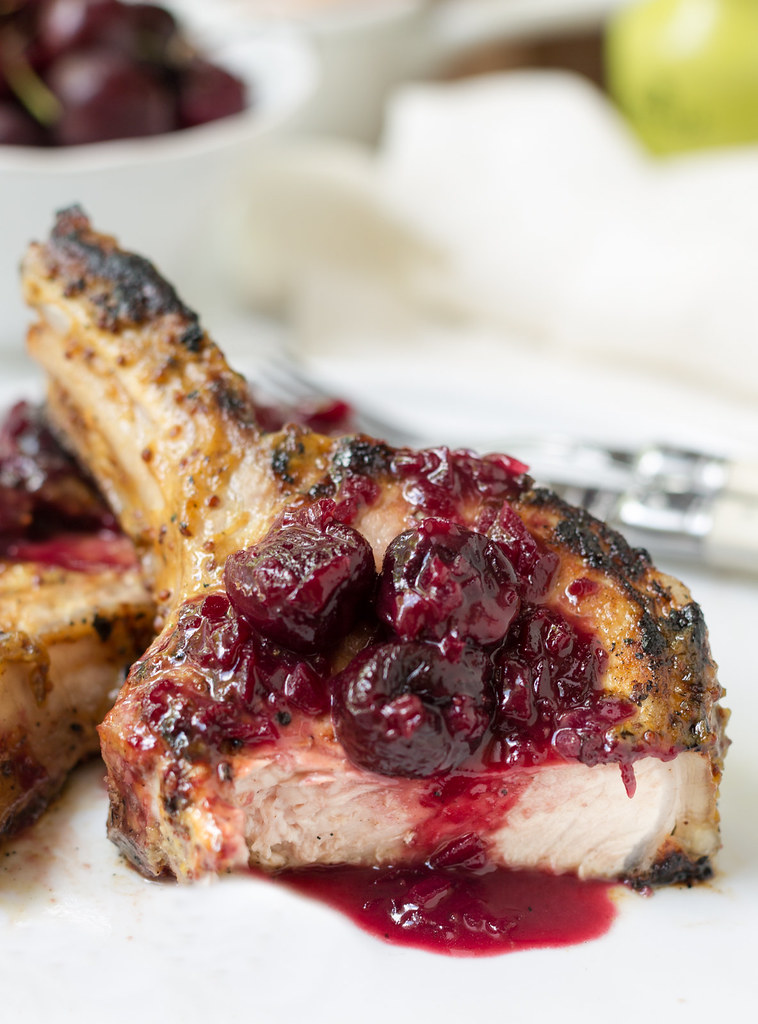 Honey Mustard Grilled Pork Chops with Cherry Sauce, served. #sponsored