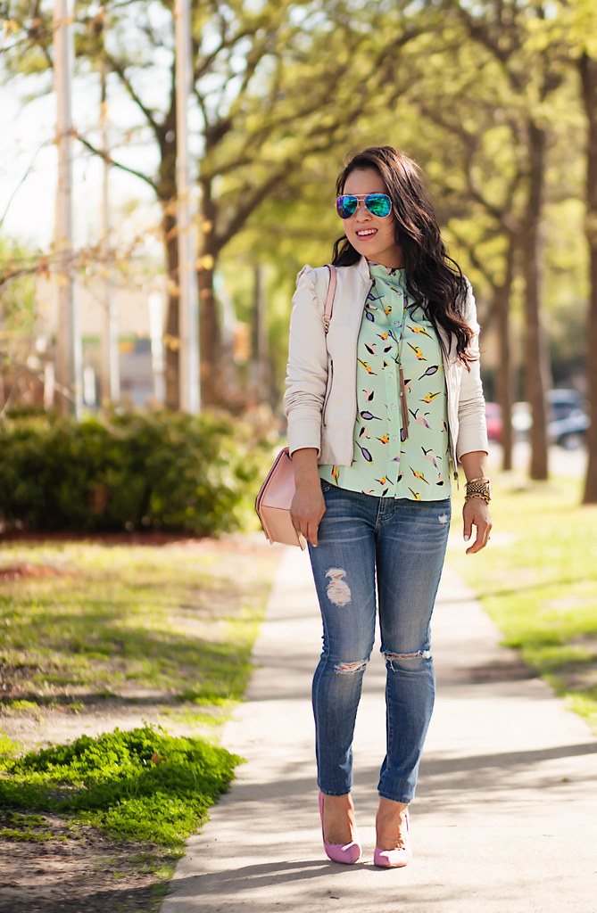 cute & little blog | petite fashion | white leather jacket, sheinside green birds print chiffon blouse, ag distressed jeans, pink suede pumps, minkoff pink love crossbody, blue mirror aviators | spring outfit