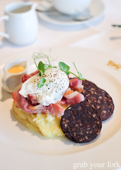 Black pudding, mashed potato and poached egg breakfast at Hippopotamus Restaurant at Museum Hotel, Wellington