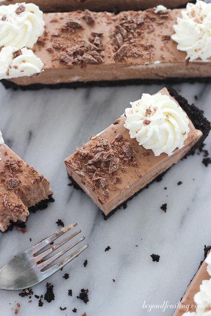 The BEST Chocolate Malted Mousse Tart. An Oreo crust is filled with a light, chocolate mousse. 