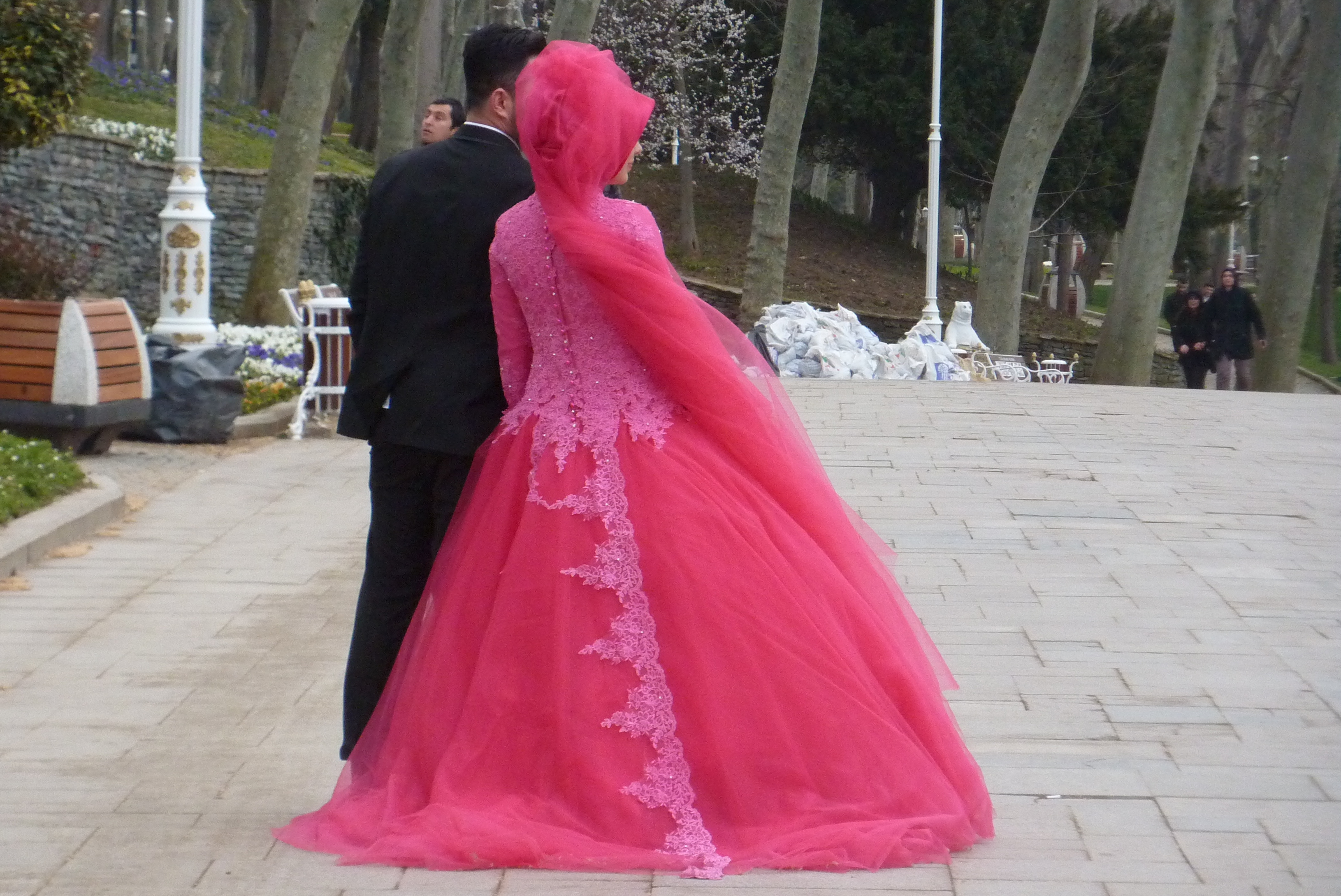 pink and white wedding dress