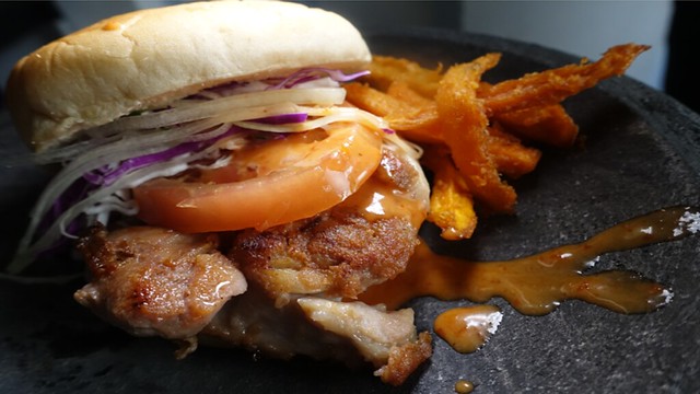 Prawn Paste Chicken Burger with Sambal Mayo and Sweet Potato Fries