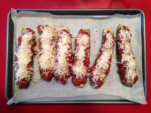 roasted zucchini boats with Nana's spaghetti sauce and parmesan cheese