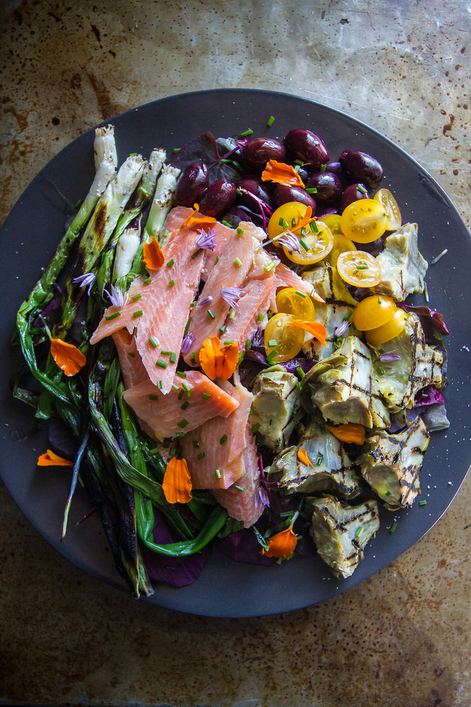 Grilled Artichoke, Smoked Trout and charred Green Onion Salad