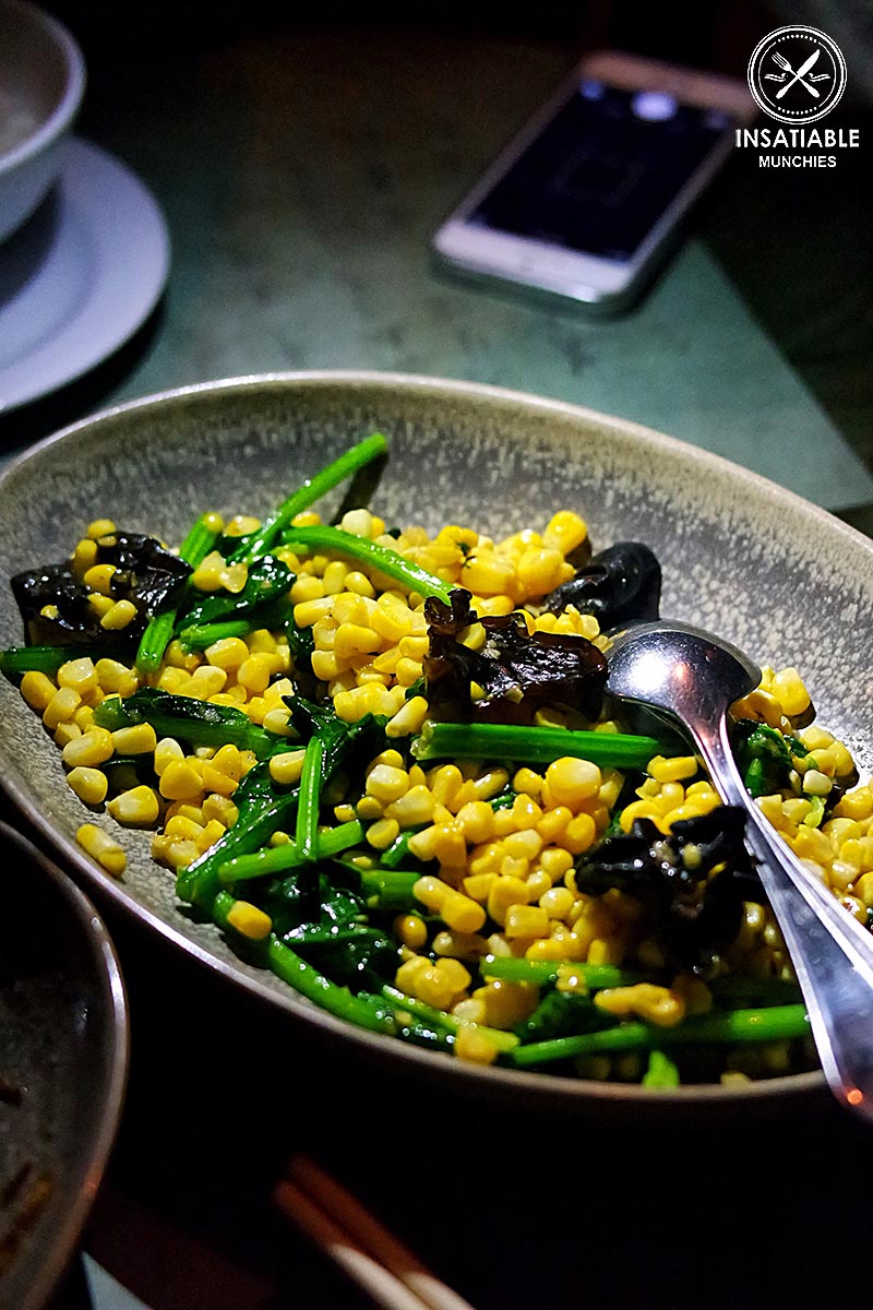 Sweetcorn, English spinach and woodear mushrooms stirfried with garlic butter, $19