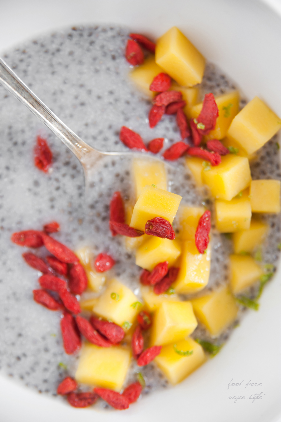 Chia pudding with young coconut meat and mango