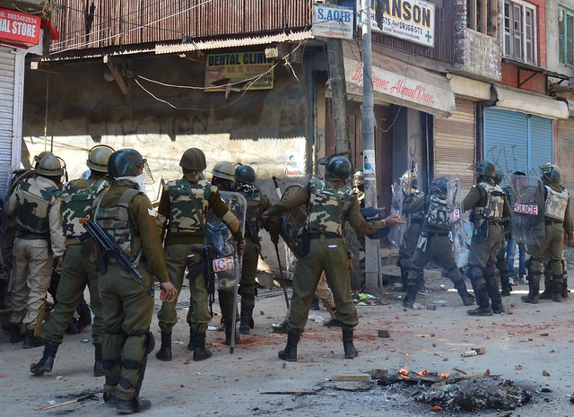 Security forces retaliate with stones on protesting youths in streets of Maisuma.