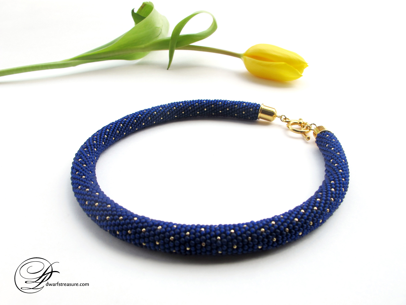 Unique navy one in a kind seed bead crochet necklace