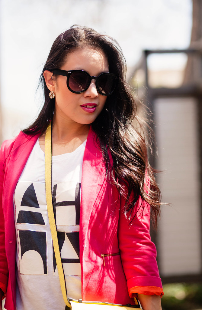 cute & little blog | petite fashion | hot pink blazer, j. crew graphic tee, yellow crossbody bag | spring outfit