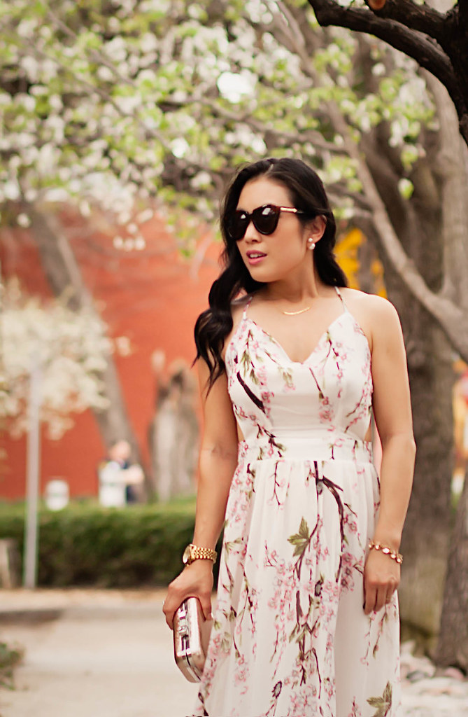 cute & little blog | petite fashion | sheinside floral spaghetti strap backless maxi, rocksbox gorjana taner necklace, gold clutch | spring outfit