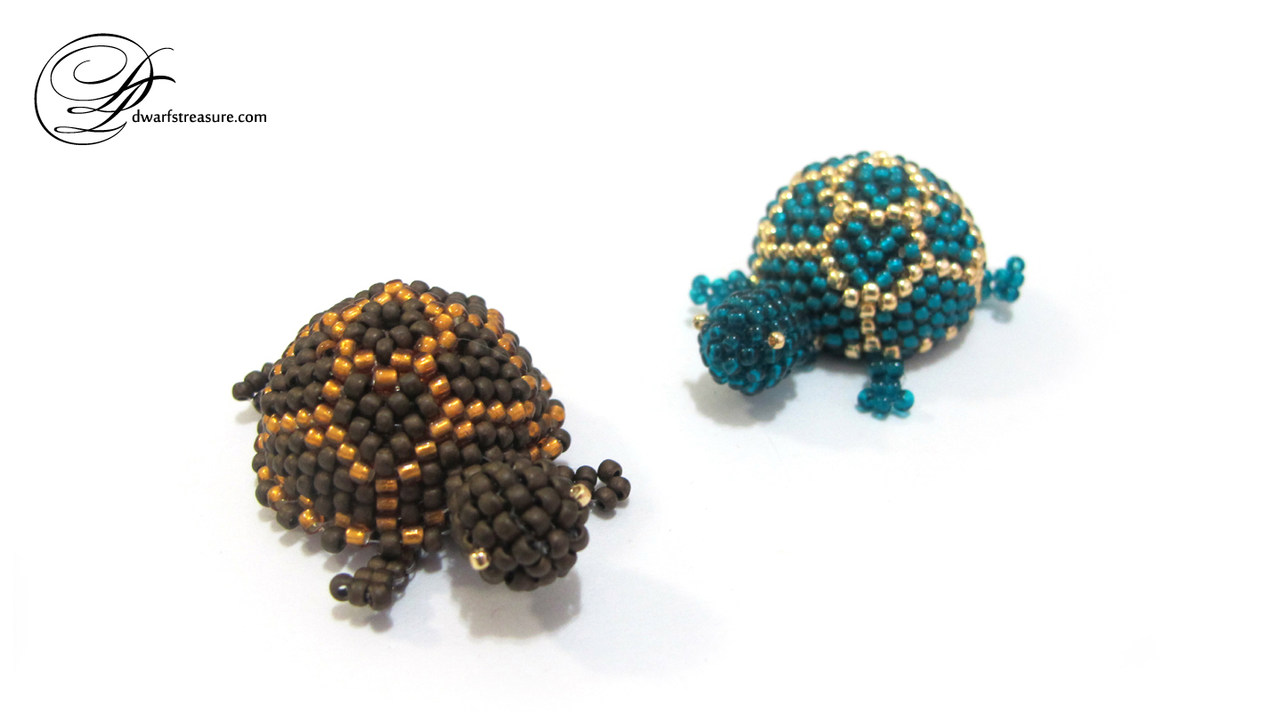 Adorable brown and teal beaded turtle brooches