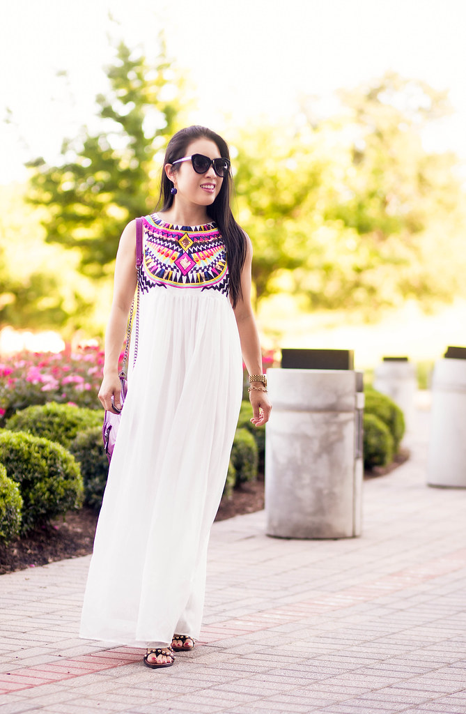 cute & little blog | petite fashion | sheinside white embroidered pleated chiffon maxi dress, studded gladiator sandals, rebecca minkoff mac clutch | spring summer outfit