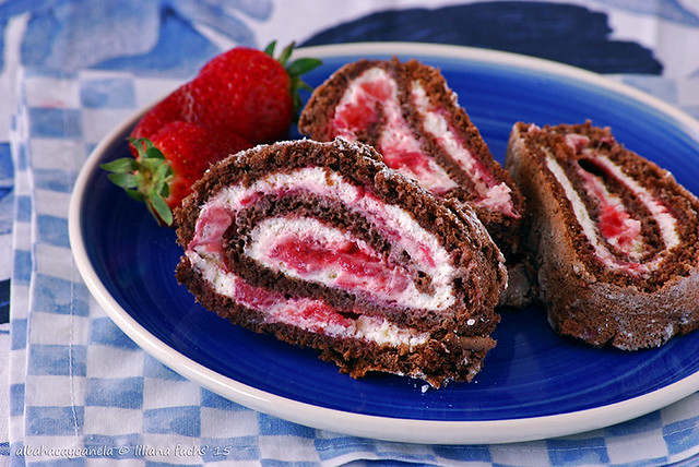 Chocolate roll with strawberry cream filling