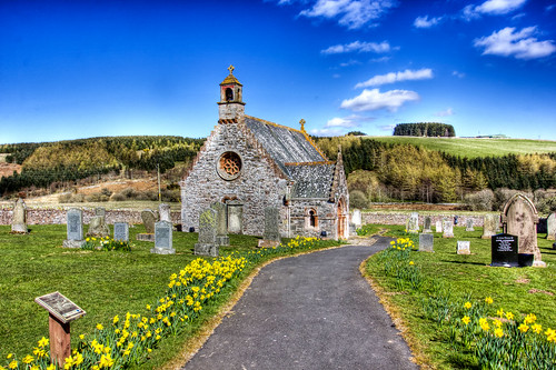 camera uk cemetry plants colour church nature yellow season landscape scotland spring europe bell unitedkingdom religion objects places graves christian churchyard hdr daffodils borders duns
